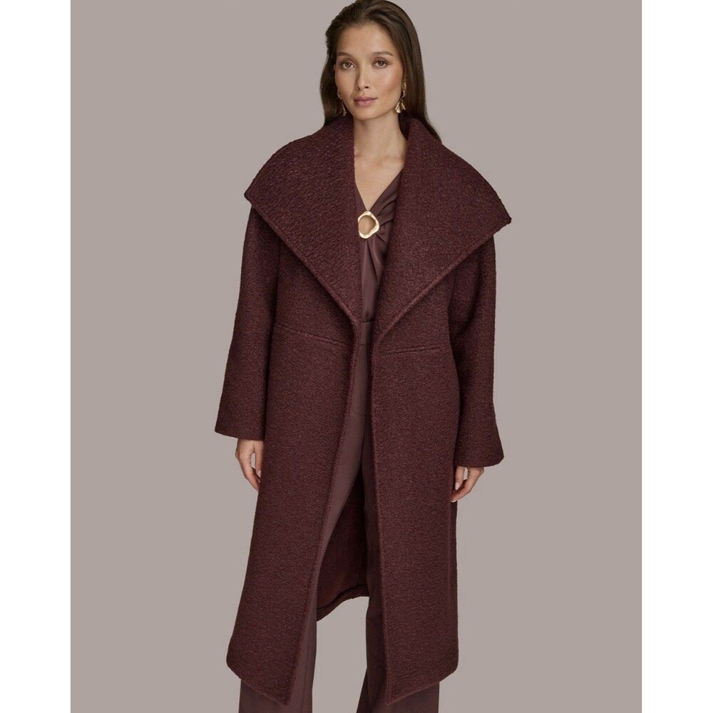 Donna Karan Womens Long Over coat Size Medium Burgundy Maroon Belted Boucle’ NWT